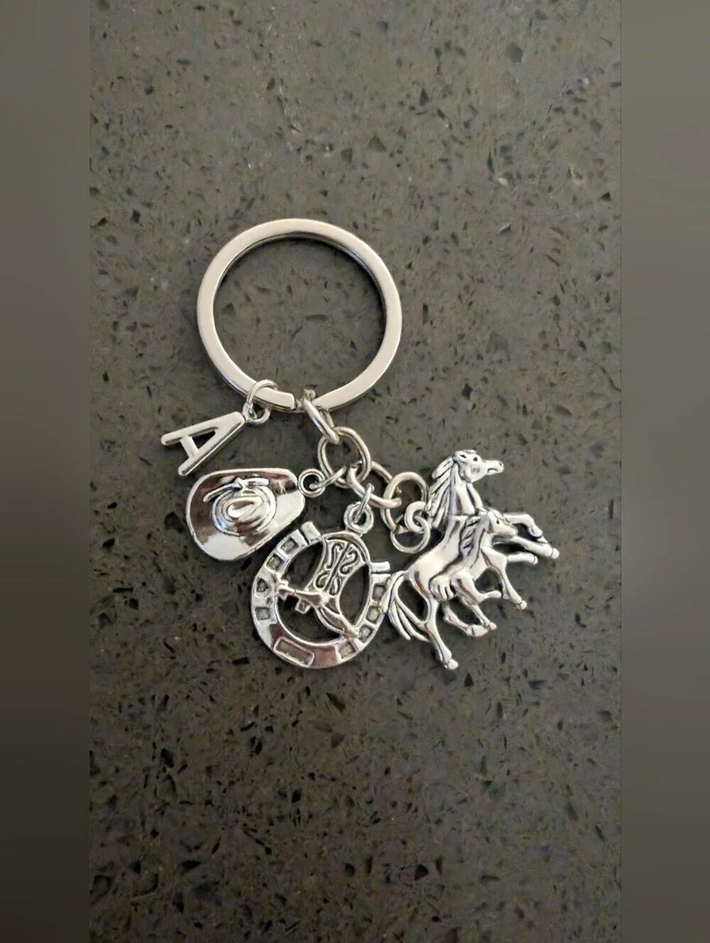 Silver Western Horse & Horseshoe Keychain with Initial 